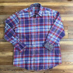 Men's Alan Flusser Plaid Shirt - Red and Blue Floral Size M